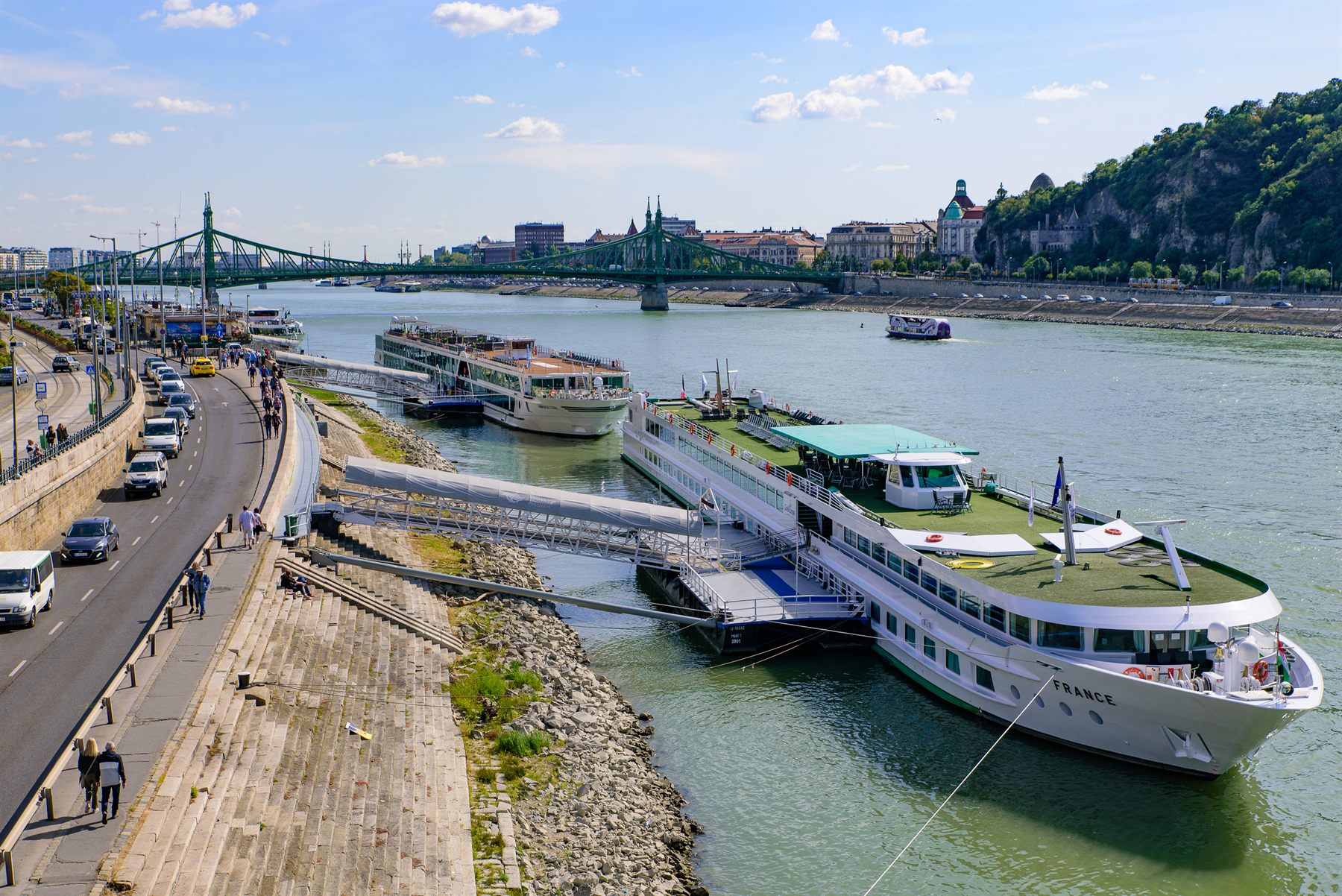 River cruise ships moored along the Danube embankment in Budapest